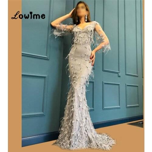 Feather African Evening Dresses Turkish Arabic Formal Half Sleeves Women Party Dress Robe De Soiree Dubai Muslim Kaftan Gowns