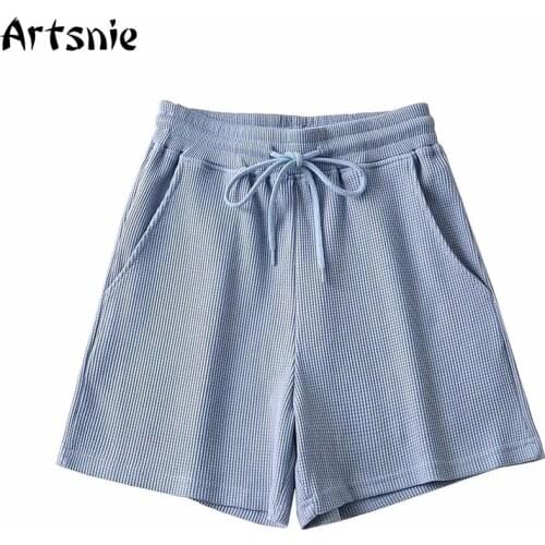 Artsnie Summer Cycling Shorts Women Drawstring High Waist Loose Shorts Femme Streetwear Blue Casual Knitted Ladies Biker Shorts