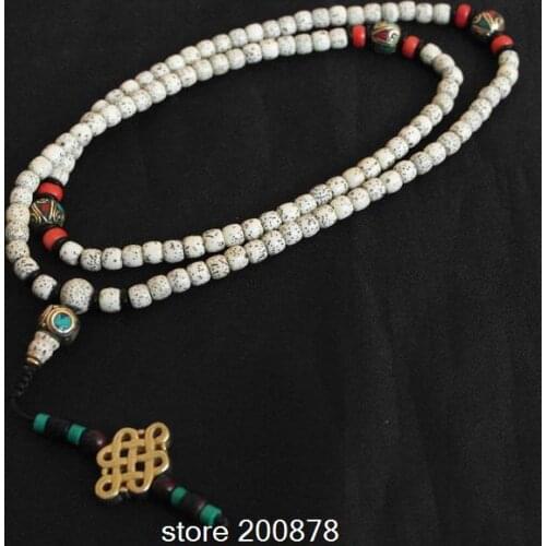 BRO509 Tibetan 108 White Star Moon Lotus Bodhi Seeds Necklace 8X6mm Prayer Rosary Malas
