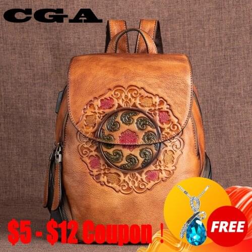 CGA Retro First Layer Cow Leather Backpack Bags For Women New Luxury Handbags Handmade Embossing Large Capacity Genuine Bagpack