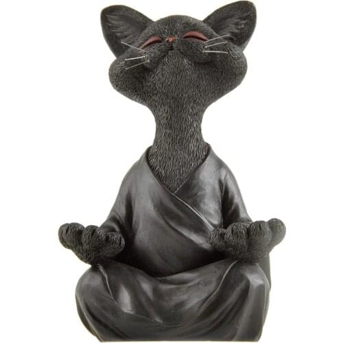 Whimsical Smiling Black Cat Figurine Meditation Yoga Happy Kitten Collection Art Sculptures Garden Statues for Office Desk