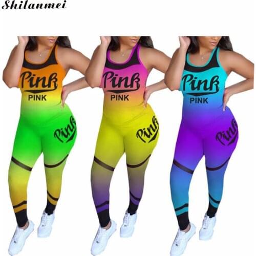 Tie Dye 2020 Causal Two Piece Set Women Pink Letter Print Sleeveless Crop Top Leggings Pants Suit Gradient Color Female Outfits