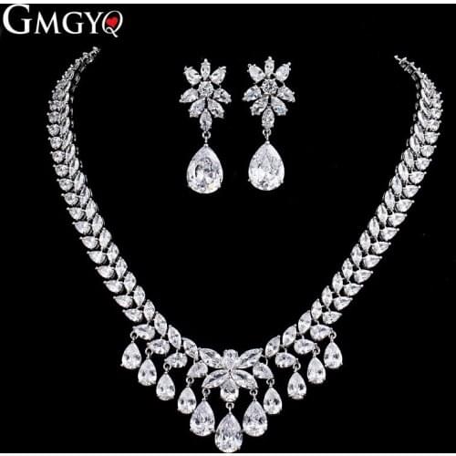 GMGYQ Customized Elegant And Luxurious Womens Multi-colored Long Drop-shaped CZ Zirconia Earrings Necklace Jewelry Sets