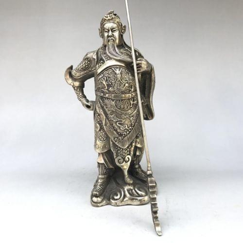 Exquisite Collectible Decorated White Copper Guan Gong Hold Broadsword Exorcism Statue