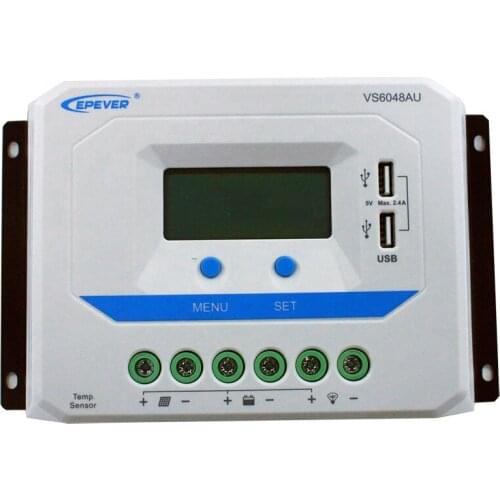 EPEVER 60A Solar Charge Controller, 12V/24V/36V/48V Intelligent Regulator with Dual USB Port PWM LCD Display VS6048AU