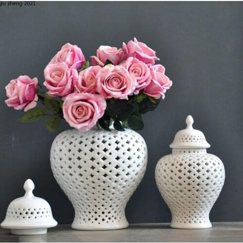 Creative hollow flower vases decorative jar ceramic European home decoration accessories living room white luxury storage jars