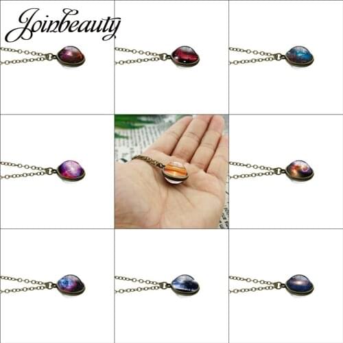 JOINBEAUTY Fashion Double Sided Galaxy Star Cabochon Glass Pendant Necklaces Jewelry Women Statement Necklaces Jewelry