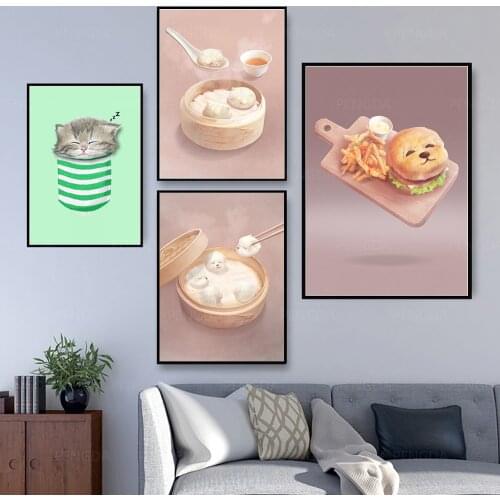 Modular Canvas Steamed Buns Pictures Painting Lovely Dog Home Decor Cat Prints Food Poster Minimalist Wall Art For Living Room
