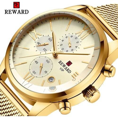 REWARD Golden Quartz Watches Multi Functional Chronograph Dial Waterproof Luxury Top Brand Men Clock Relogio Masculino