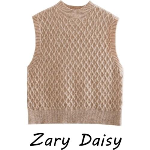 Zary Daisys new sweet solid color round neck knit waistcoat in khaki pullover for spring