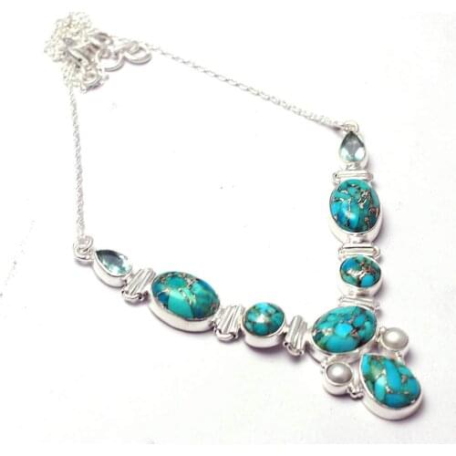 Genuine Blue Copper Turquoise + Pearl Necklace 925 Sterling Silver, 43.5 cm, MHBNE0206