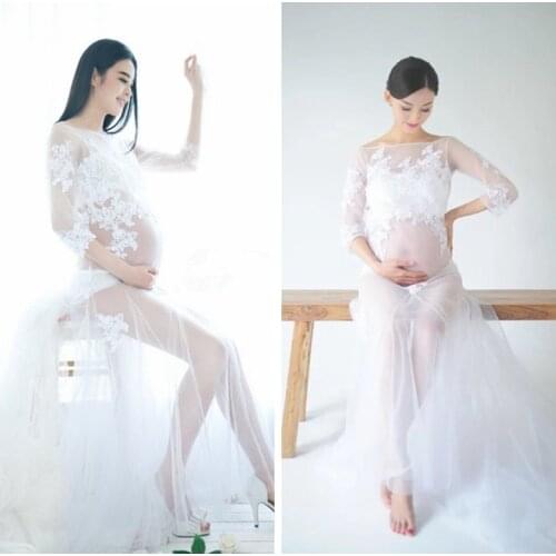 Maternity Dresses for Photo Shoot Baby Shower White Lace Voile Clothes Fashion Pregnancy Dress Photography Studio Props Costume