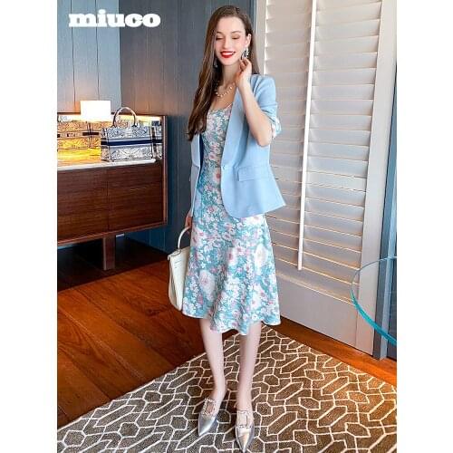 Simple one button suit coat+Two piece dress with drawstring printing 2021 Spring new High Quality Top Quality