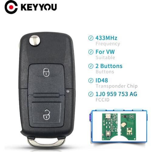 KEYYOU 2 Button Flip Remote Key Fob For VW Beetle Bora Golf Passat Polo Transporter T5 1J0959753AG 434MHz ID48 Chip