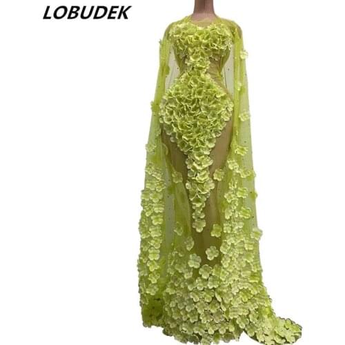 Luxury Fashion Stage Celebrate Transparent Floral Long Dress Women Birthday Party Costume Prom Purple Green Flower Shawl Tail