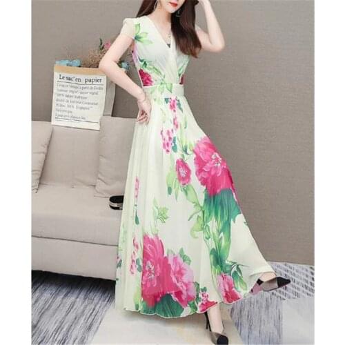 V-neck 3XL Plus Size sleeveless Dresses 2020 summer new printed dress temperament elegant chiffon beach Mid calf dress