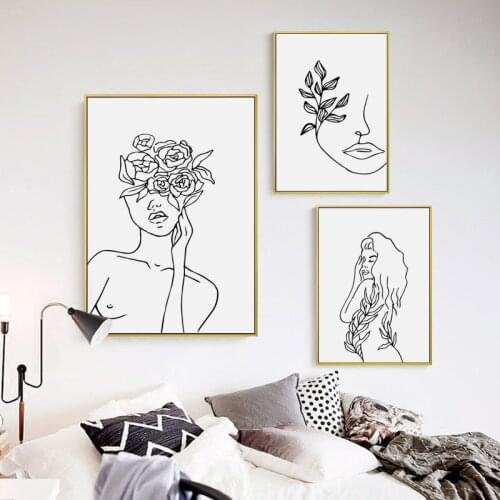 Woman with Flowers Line Art Print Female Abstract Figure Line Draw Wall Art Canvas Painting Nordic Wall Pictures for Living Room