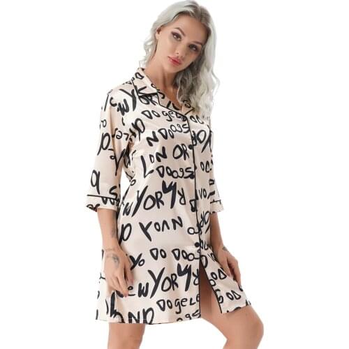 Women Satin Pajama Dot/Letter Print Nightgown Sleepshirt Nightdress Casual Loose Half Sleeve Sleep Robe Dress Homewear Oversized