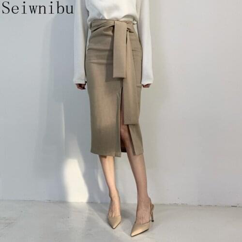 2020 New Women Elegant Sheath Wrap Skirts Front Split Korean OL Style High Waist Chic Work Wear Drawing Skirts