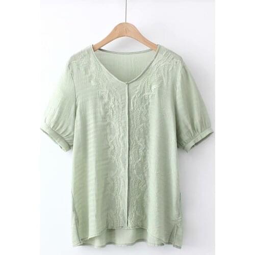 Plus Size XL-4XL Womens V-neck Cotton Tshirts Large Size Embroidery Tops Oversized A-line Summer Shirts