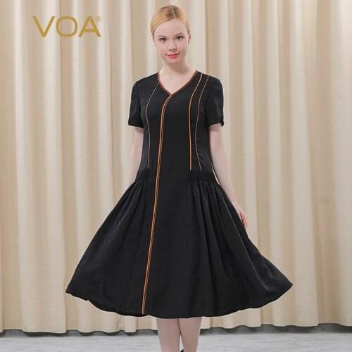 VOA 22m/m Silk Jacquard Mysterious Spade Neck Short Sleeve Arch Needle Embroidered Orange Trim Frill Woman Dress AE518