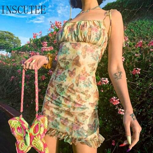 Inscutee Cottagecore Vintage Y2k 90s Strapless Dress Women Streetwear Casual Prairie Chic Sexy Lace Up Ruffles Slim Party Dress