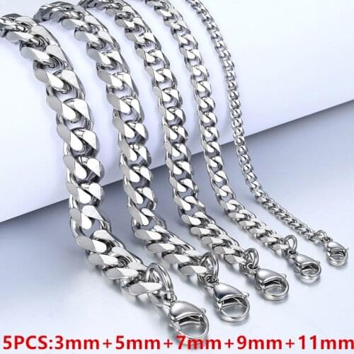5Pcs/Lot Stainless Steel Bracelet for Women Men Basic Punk Silver Color Cuban Link Chain 3-11mm Wholesale Jewelry