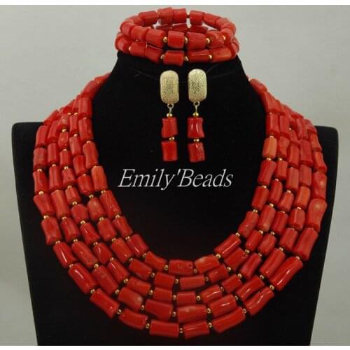 Free Shipping Red Coral Necklace Jewelry Set Costume African Wedding Nigerian Beaded Bridal Jewelry Set Free Shipping CJ687