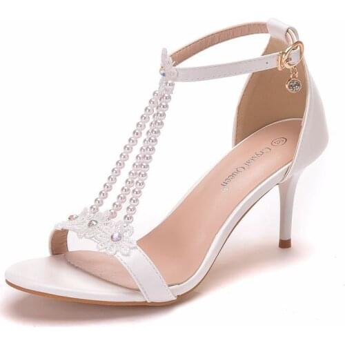 Women sandals wedding Party Lace PU Rhinestones Buckle Strap 7.5CM Thin High heels Pointed Toe sandal women shoes size 35-42