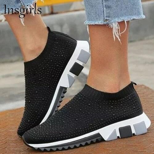 Black All Season Sneakers Women 2021 New Stretch Fabric Rhinestone Ladies Breathable Slip On Comfy Loafers Running Walking Flats