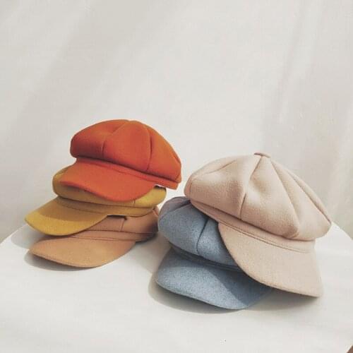 2-8 Yes Old Children Hat Girl Solid Color Octagonal Newsboy Hat Casual Wool Cap Winter Beret Painter Hat