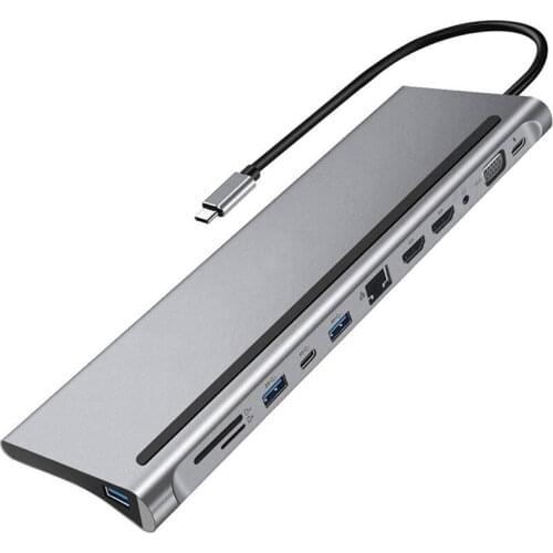 12-In-1 Type-C Docking Station USB3.1 to Dual Network Ports RJ45 VGA Extension SD TF Card Reader Hub for Laptop