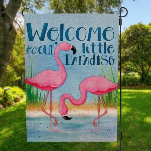 Two-sided Flamingo Little Paradise Welcome Garden Flag Banner with Windproof Rubber Stopper Clip 12.5''x18.5'' 32x47cm