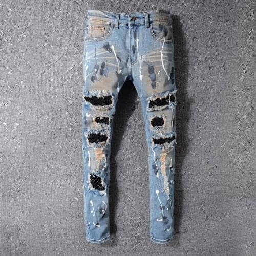 Fashion Mens Jeans High Street Hip Hop Ripped Jeans Men Dirty Washed Paint Printed Jeans Men Brand Biker Jeans Homme