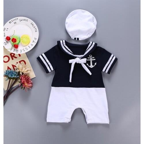 Infant Baby Summer Short Sleeve Rompers Clothes Baby Boy Sailor Suit with Navy Hat Sailor Collar Children Climbing Jumpsuit Sets