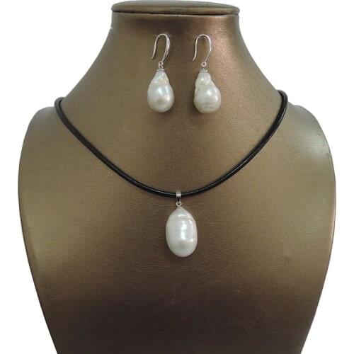 100% NATURE FRESHWATER PEARL JEWELRY SET NECKLACE AND EARRING-good big baroque pearl,925 SILVER earring and leather chain