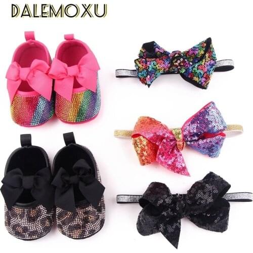 0-8M First Walkers Sequins Drill Leopard Newborn Baby Girls Crib Shoes+Headwear Anti-slip Sneakers Bow Party Girls Pre Walkers