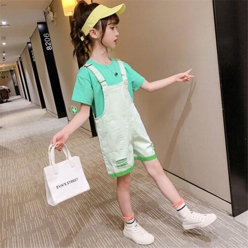 Summer Girls Sets Two Pieces Kids Clothes Sports Suit T- Shirt & Overalls Children Clothing 4 5 6 7 8 9 10 11 12 Years