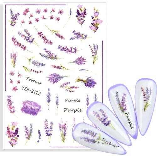 2021 NEW Adhesive 3D Nail Art Decals Purple Lavender Flowers Nail Sticker Sliders For Nails Manicure Decoraciones Accesoires