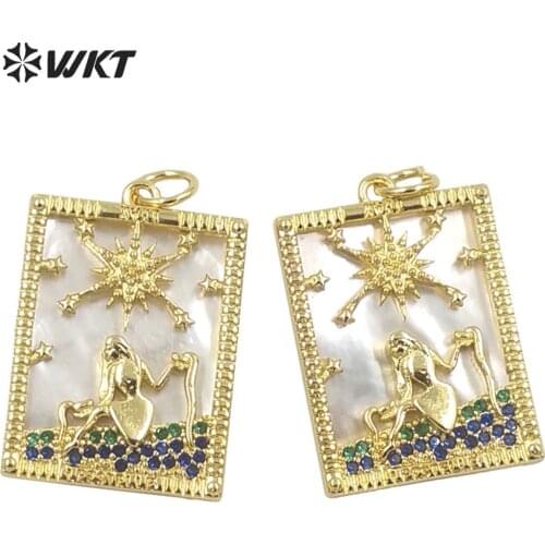 WT-MP213 Wholesale White shell setting Micropave Tarot cards pendant Europe popular gold brass metal lady secret Tarot pendant