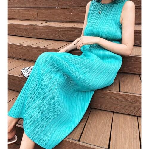 Miyake Pleated Women dresses Summer Sleeveless long dress Korean fashion Casual elegant Female Ice Water Blue beach dress TP5045