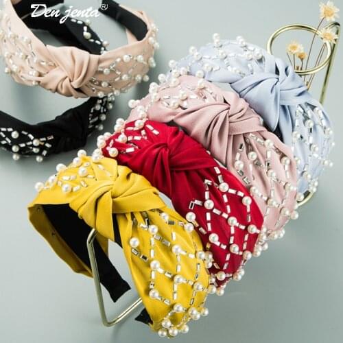 New Fashion Women Hair Accessories Wide Side Headband Butterfly Pearls Baroque Hairband For Adult Center Knot Lace Headwear