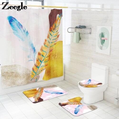 Modern Nordic Style Bathroom Carpet Rug Abstract Feather Printed Bath Mat with Shower Curtain with Hook Bathroom Toilet Foot Mat