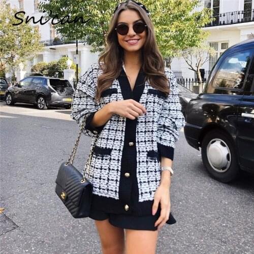 Snican Plaid White Black Sweater Autumn Spring Knitted Cardigan Za Office Ladies Casual Pockets Female Chic Tops Chandails 2021