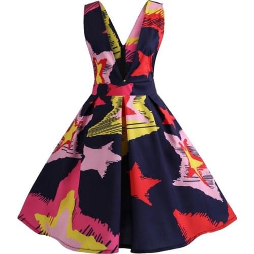 Retro Vintage Style Sleeveless with Bow 3D Skull Star Printed 2018 Summer Women V-neck Dress A-line Party Sexy Casual Dress