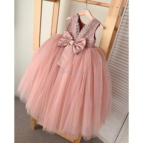 Adorable Pink Ball Gown Flower Girls Dresses For Wedding Sleeveless Lace Birthday Gowns with Bow for Baby Girls Custom Made