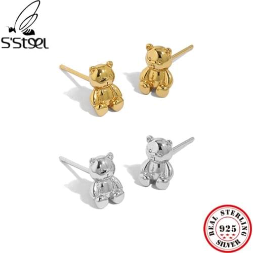 SSTEEL Sterling Silver 925 Stud Earrings Gift For Womens Cute Bear Earring Korean Gothic Funny Earings Fine Jewelry Pendientes
