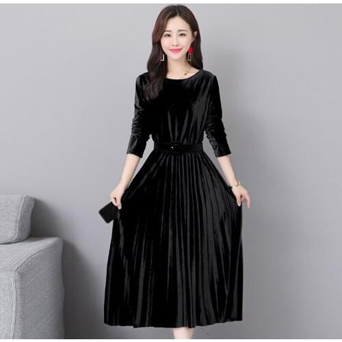 Gold velvet dress women 2020 new fashion long sleeve slim elegant dress Solid color With belt spring and autumn Female dress