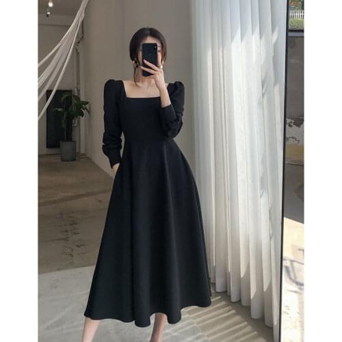 Woman Dress Summer Black Dress Womens Autumn New Long Sleeve Retro Square Collar Long Dress Vestido De Mujer