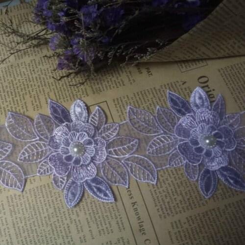 1 yards 9X13 cm Puple Pearl Flower Leaf Handmade Beaded Embroidered Lace Trim Ribbon Applique Wedding Dress Sewing Craft